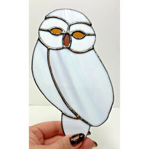 Stained Glass Owl Snowy White Hanging Window Sun Catcher Handmade 7" x 4"